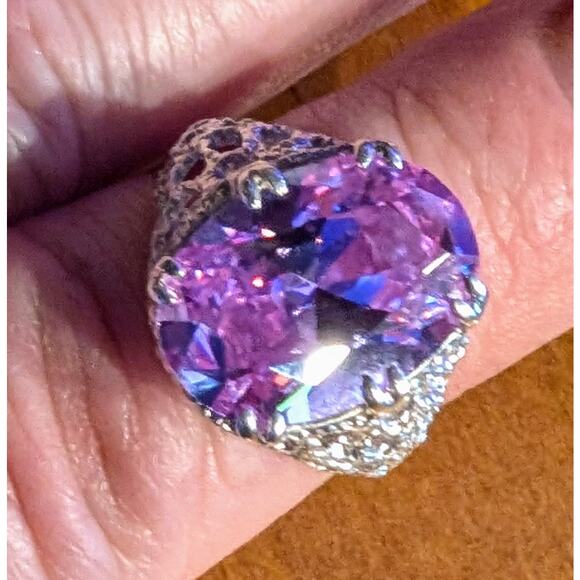 Unknown Jewelry - Large Brilliant Rose de France Crystal CZ 925 Sterling Filigree Ring Size 7.75